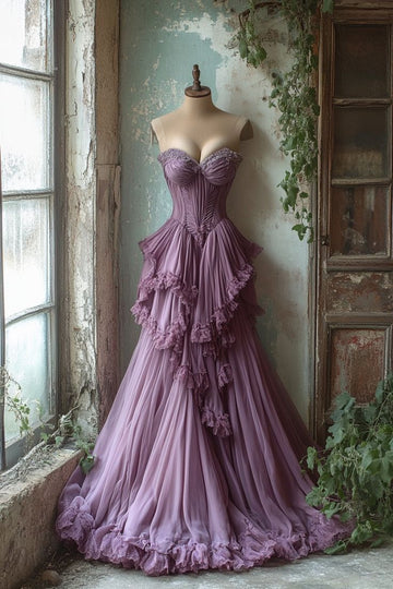 Niulatu A-line Sweetheart Neck Tulle Beaded Long Prom Dress, Vintage Formal Dress HZ1026
